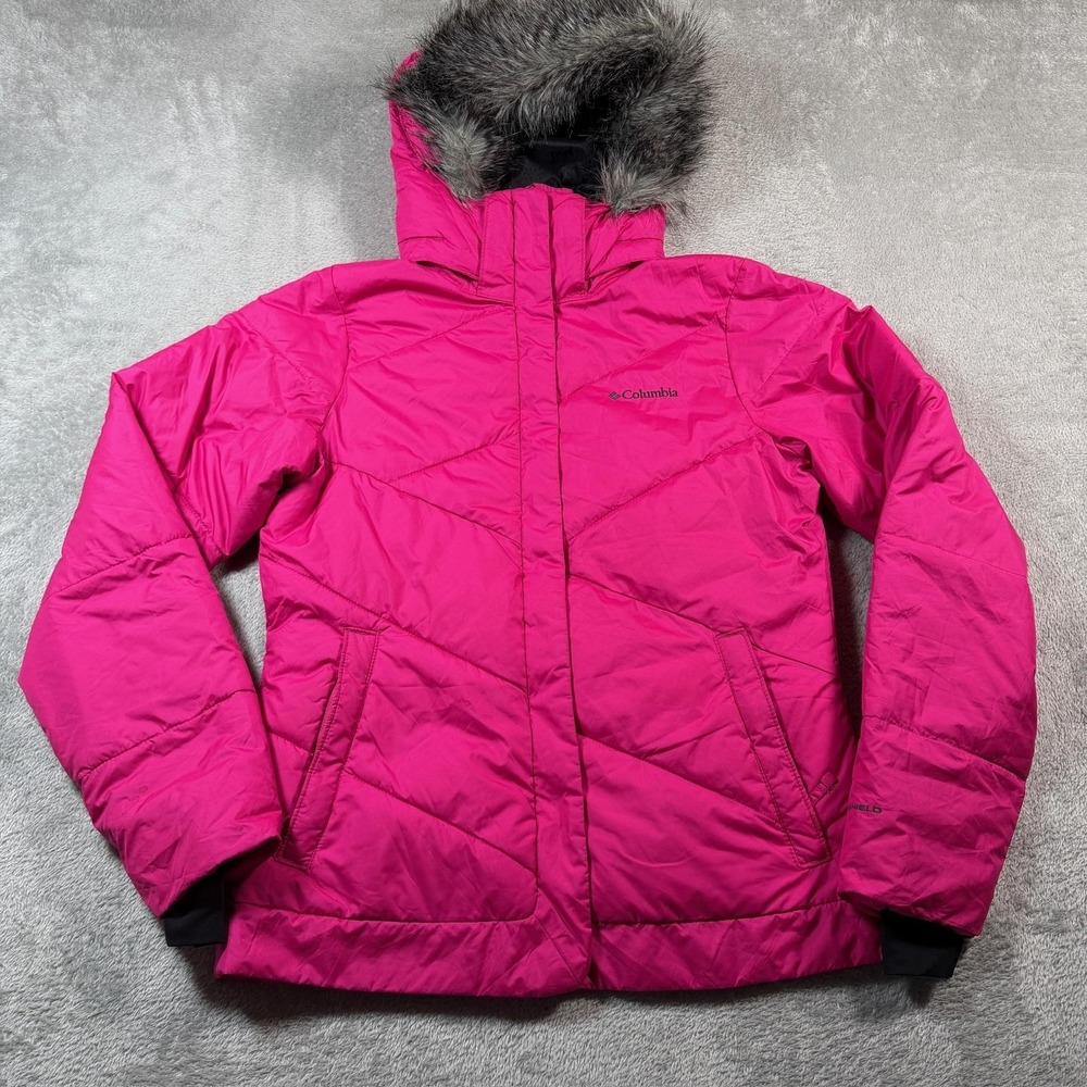 Columbia Jacket Womens Medium Pink Omni-Heat Faux Fur Hooded Quilted Puffer